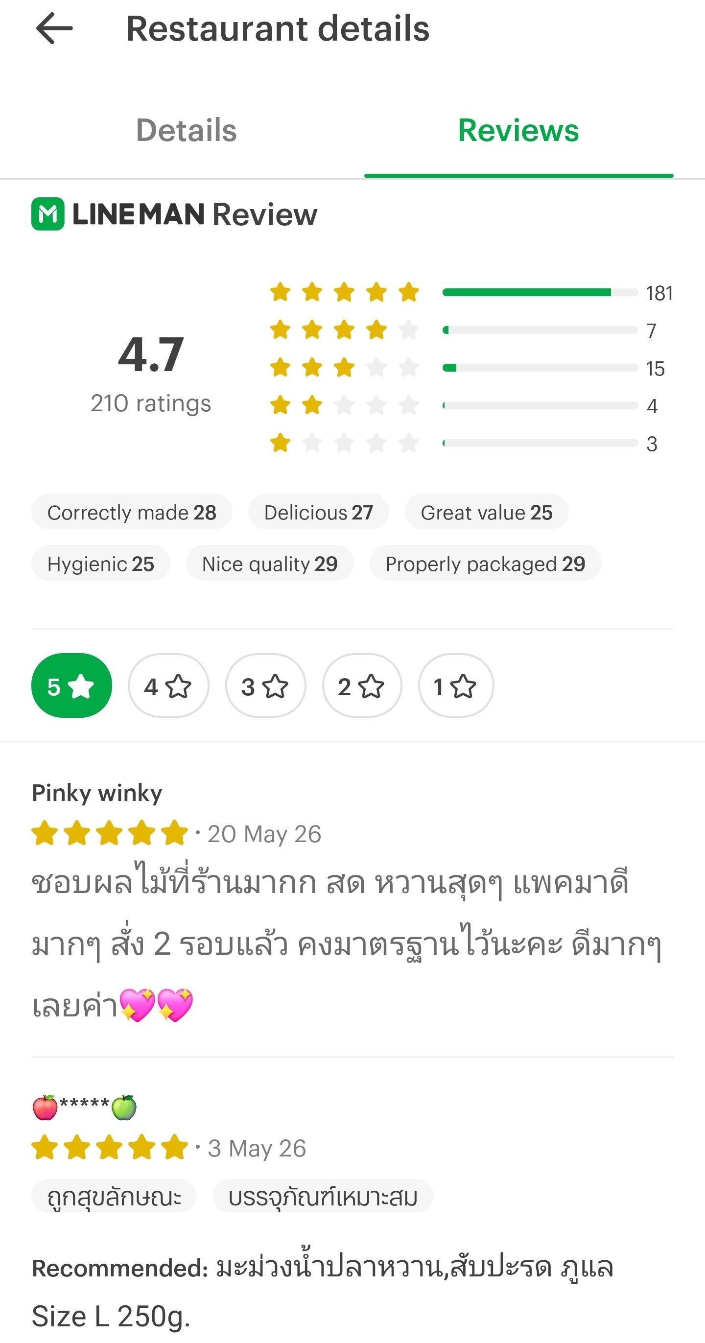 หน้าสรุป LINE MAN Review คะแนน 4.7 และรีวิวลูกค้าจริง